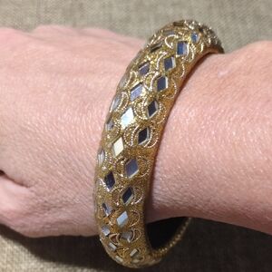 Gold Toned Mirror Inlay Bangle Bracelet